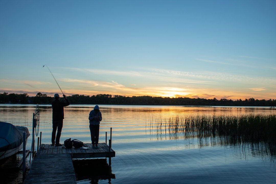 Person fishing from a quiet dock