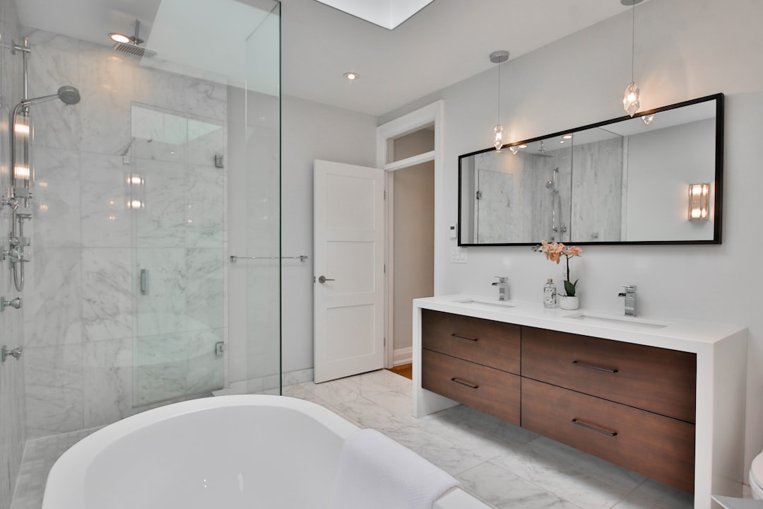 Modern renovated bathroom with walk-in shower
