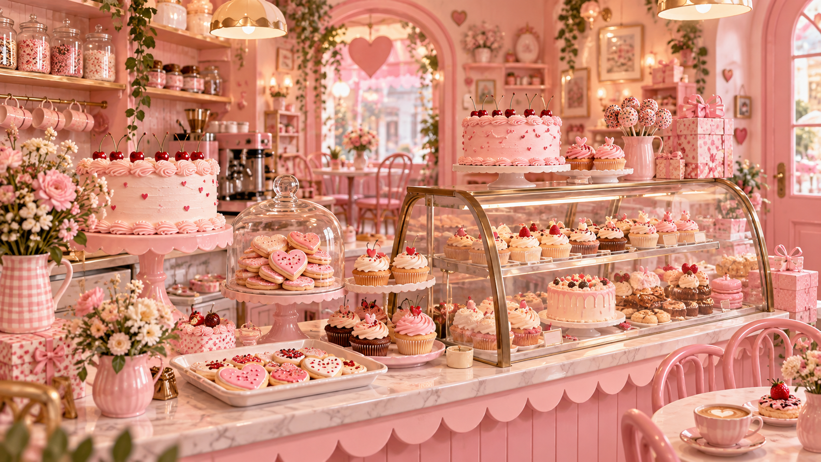Whimsical pink bakery café with desserts and heart-themed decor