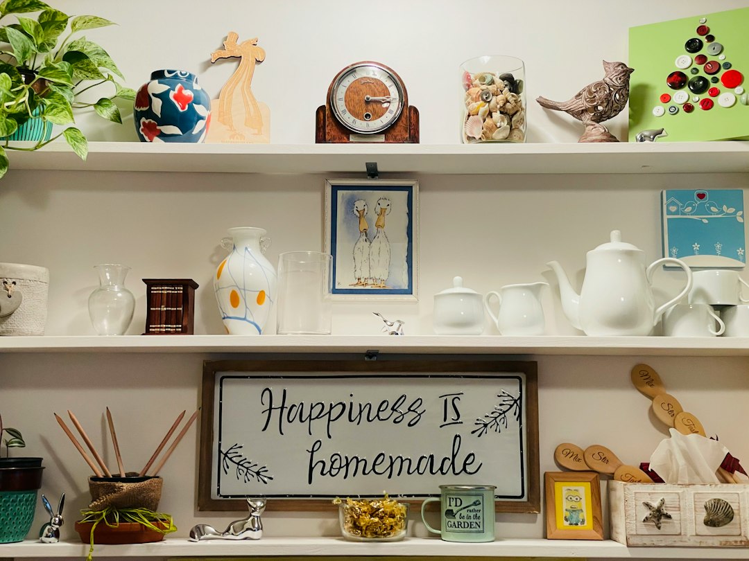 Curated decorative objects displayed on shelves