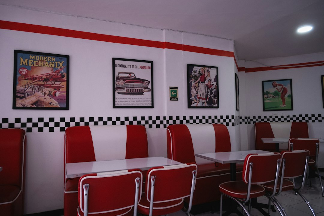 Retro red and white diner-style seating