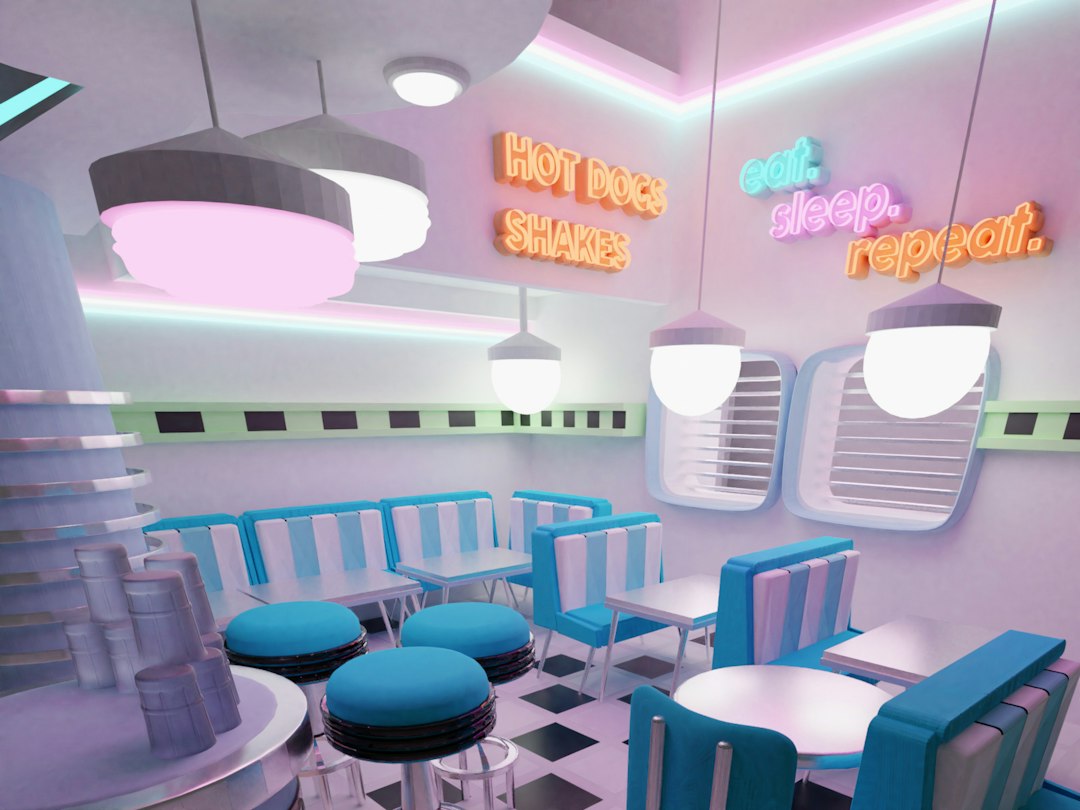 Retro diner with checkered floor and booths