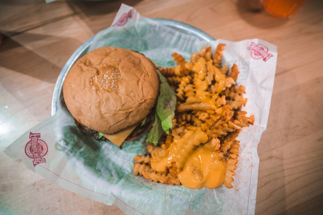 Large burger in a casual restaurant