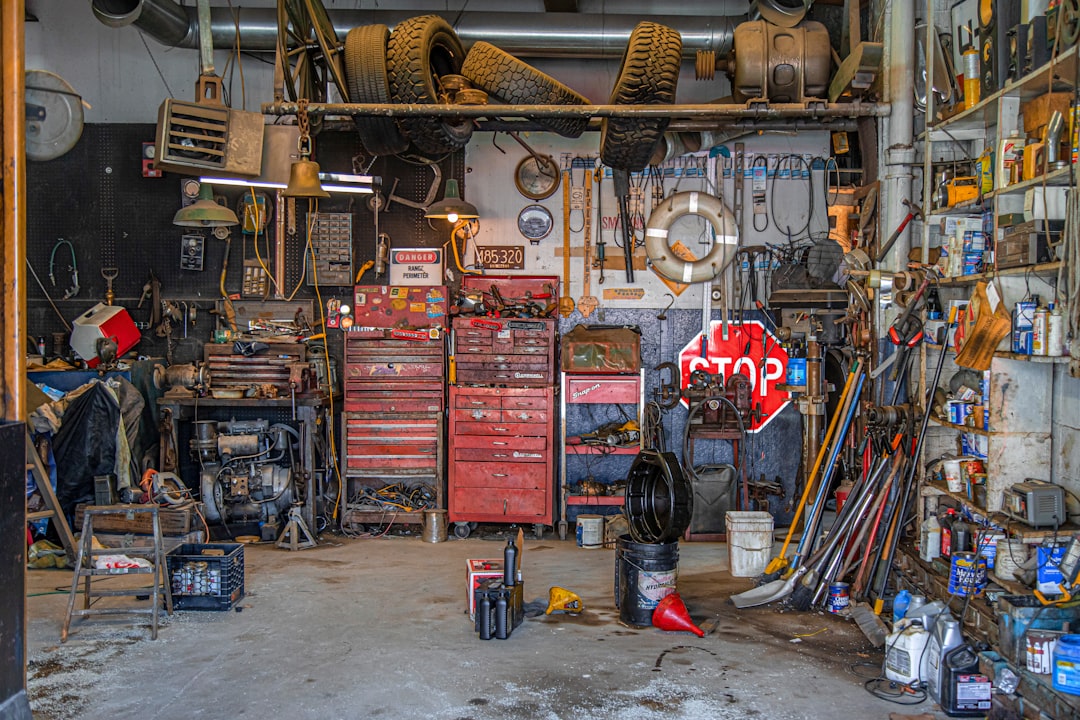 Automotive repair tools arranged in a garage