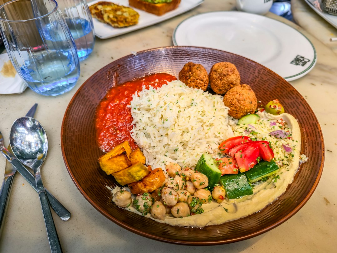 Mediterranean grain bowl with falafel and hummus