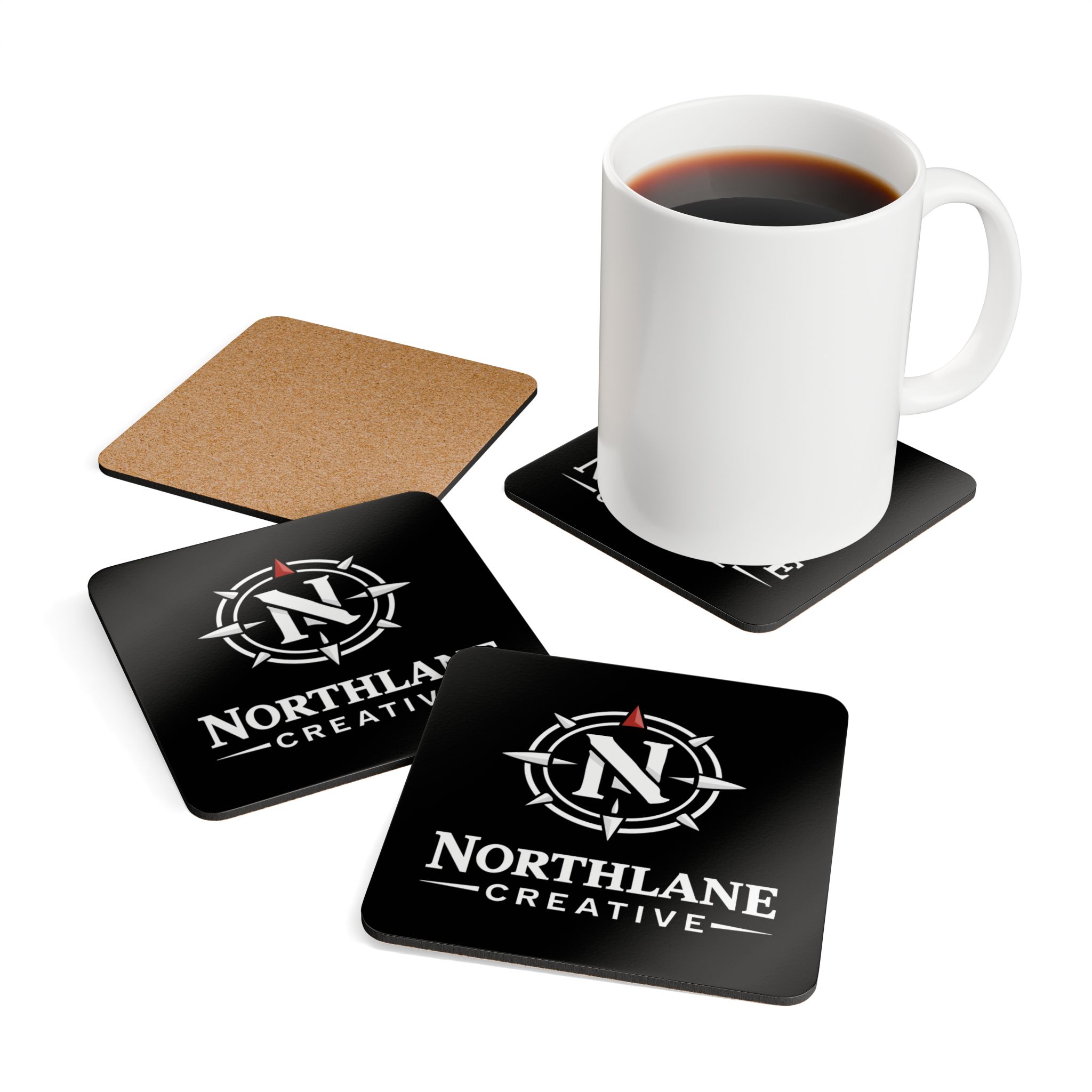 Northlane Creative Compass Corkwood Coaster Set – Branded Logo Drink Coasters (4-Pack) - Image 3